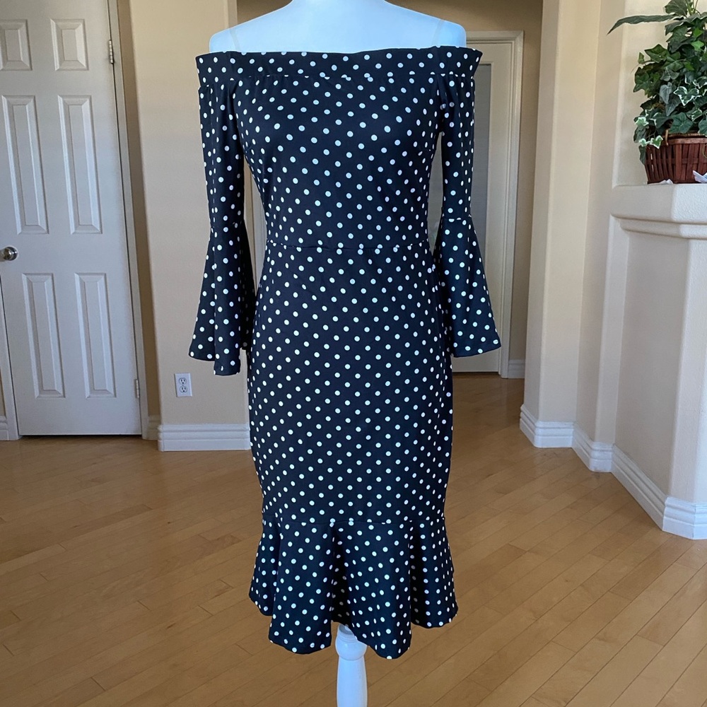 Elegant Black Polka Dot Off-Shoulder Dress
